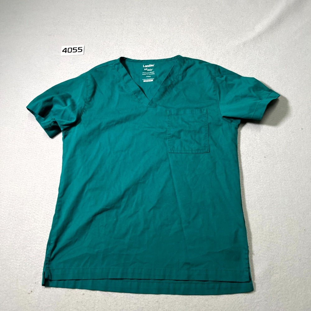 Landau All Day Scrub Top Unisex XS Teal Green Stretch V Neck Pocket Mechanical